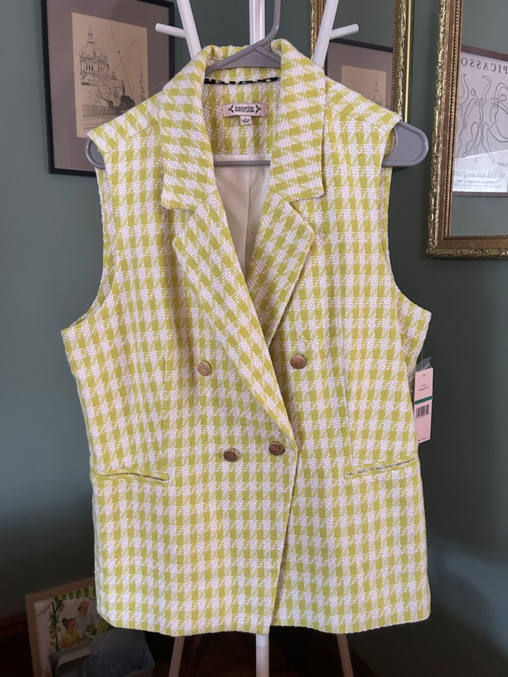 Sleeveless Houndstooth Double-Breasted Vest Jacket - Yellow/White - NWT